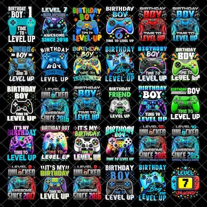 Könnte beinhalten: Eine Anordnung farbenfroher Videospiel-Controller-Designs mit den Texten "Birthday Boy", "Time to Level Up" und "Awesome Since". Die Controller sind in verschiedenen Farben, darunter Blau, Rot und Grün, auf schwarzem Hintergrund.