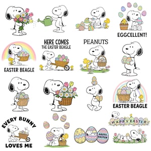 Puede incluir: Una colección de ilustraciones de Snoopy y Woodstock con temática de Pascua. Snoopy se representa con huevos de Pascua, flores y una regadera. El texto incluye "Eggcellent!", "Easter Beagle", "Peanuts" y "Every Bunny Loves Me".