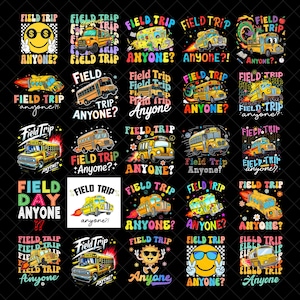 May include: A selection of vibrant graphic designs on a black background, showcasing yellow school buses with the words "Field Trip" and "Anyone?". The designs incorporate smiley faces, stars, and diverse bus illustrations.