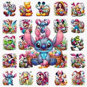 May include: A digital collage of 20 different Easter-themed images featuring various Disney characters. Each character is holding a basket of colorful eggs and wearing bunny ears. The characters include Mickey Mouse, Minnie Mouse, Stitch, Winnie the Pooh, and more.