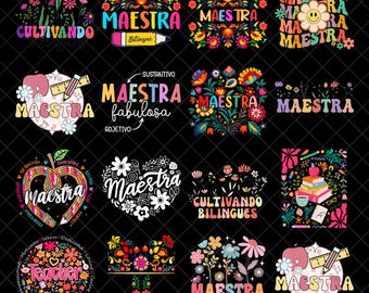 MAESTRA PNG Bundle, Spanish Teacher Clipart Bundle, Latina Teacher Sublimation, Rainbow Maestra PNGs, Back to School Png