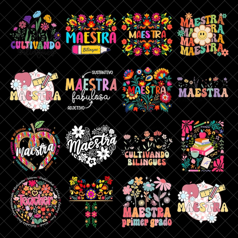 May include: A collection of colorful graphic designs featuring the word "Maestra" (teacher in Spanish) in various floral and decorative arrangements. Designs include apples, pencils, and flowers.