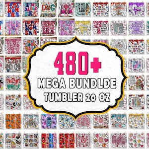 Puede incluir: Una colección de vasos de 20 oz con varios diseños, incluyendo patrones florales, personajes de dibujos animados y citas inspiradoras. La imagen presenta un gráfico grande que dice "480+ MEGA BUNDLE TUMBLER 20 OZ". Los vasos tienen una variedad de colores y temas.