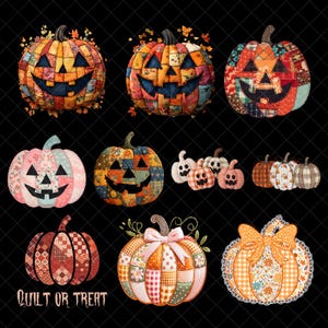 Peut inclure: Une collection d'illustrations numériques représentant diverses citrouilles avec des motifs de patchwork dans des tons orange, rose et marron. Certaines citrouilles ont des visages de jack-o'-lantern, d'autres sont ornées de nœuds et de fleurs. Texte : QUILT OR TREAT.