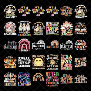 Könnte beinhalten: Eine Sammlung farbenfroher Grafikdesigns mit dem Text "It's a Beautiful Day for Learning." Die Designs zeigen Enten, Regenbogen und Smiley-Gesichter. Ideal für Produkte mit Bildungs- oder Klassenzimmer-Themen.