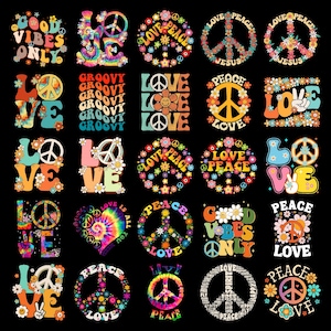 以下が含まれることがあります： 平和のシンボル、花、そして「Love」、「Peace」、「Good Vibes Only」の文字が特徴の、カラフルなレトロスタイルのデザインのコレクション。オレンジ、青、ピンクなど様々な色で、黒い背景にデザインされています。