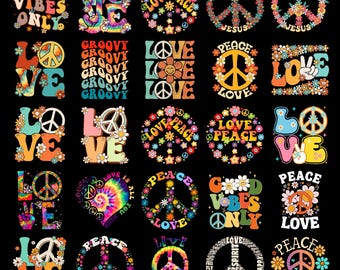 Groovy Hippie Peace Love PNG Bundle, Retro Tie Dye Flower Power Sublimation, 70s Boho Peace Sign Digital Download