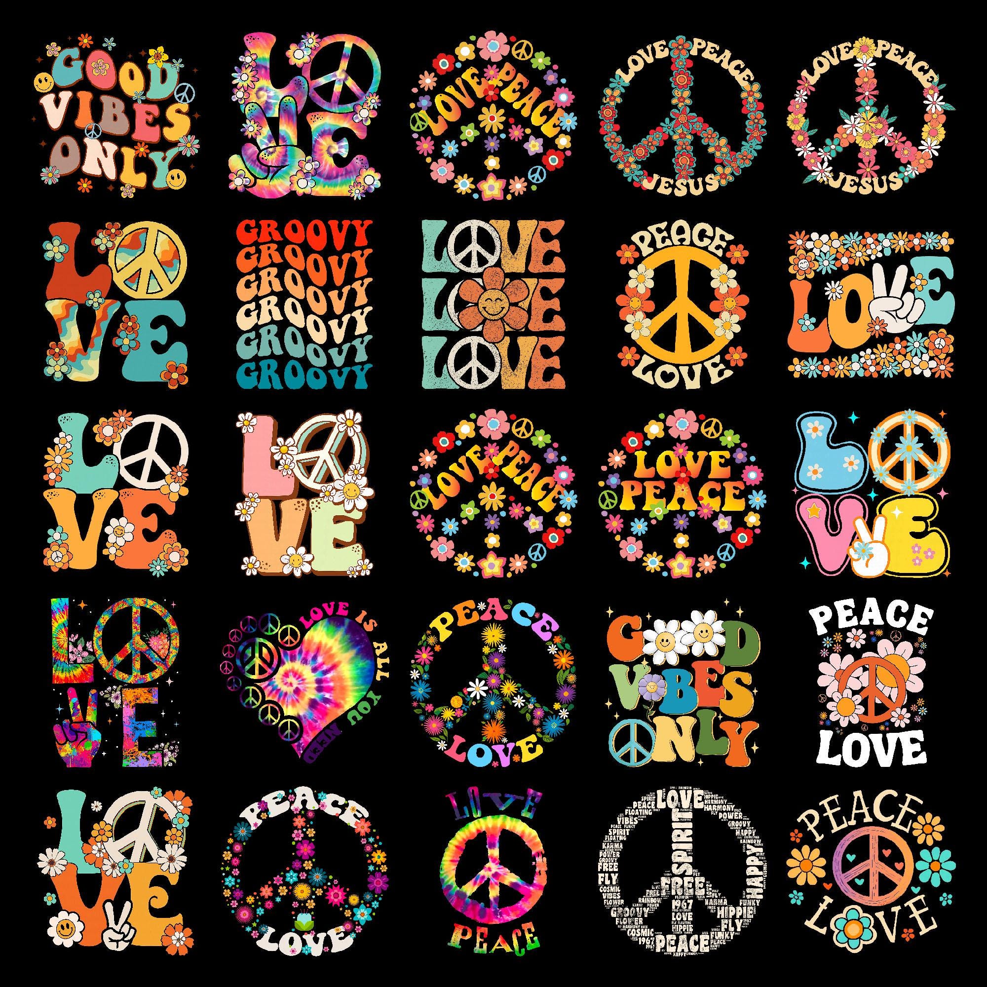 Groovy Hippie Peace Love PNG Bundle, Retro Tie Dye Flower Power