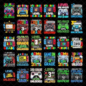 May include: A collection of thirty digital graphic designs featuring video game controllers, handheld consoles, and text such as 3rd Grade Level Unlocked, Level Unlocked, and Game On 3rd Grade, displayed in vibrant colors against a solid black background.