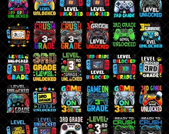 3rd Grade Level Unlocked PNG Bundle, Gamer Third Grade Shirt Design, Back To School Gaming Kid PNG Digital Download