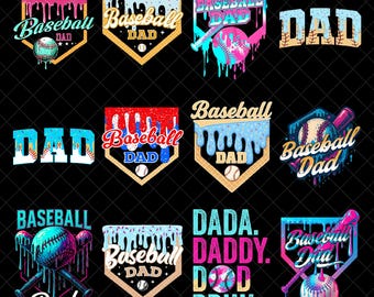 Baseball Dad PNG Bundle, Dripping Home Plate Bat Ball Shirt Sublimation, Sports Father’s Day Gift Retro Gradient Digital Download