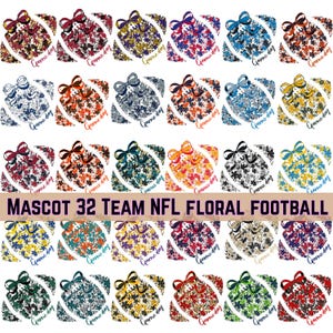 Pode incluir: Uma grade de 32 designs florais de futebol americano, cada um com um esquema de cores e laço diferentes. O texto "Game Day" está escrito em cada bola. O texto "MASCOT 32 TEAM NFL FLORAL FOOTBALL" está escrito em uma faixa no meio.