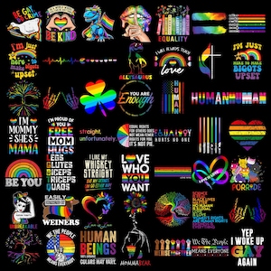 Puede incluir: Una colección de gráficos coloridos con temática de orgullo LGBTQ+ sobre un fondo negro. Los diseños incluyen arcoíris, corazones, texto e ilustraciones, que promueven mensajes de amor, igualdad y aceptación. El texto incluye frases como "Be Gay Do Crime" y "Love is Love".