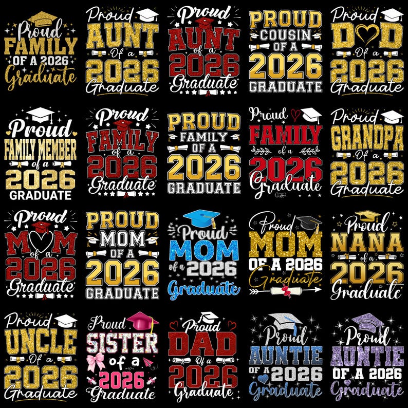 K&ouml;nnte beinhalten: Eine Sammlung von Designs zum Thema Abschluss auf schwarzem Hintergrund. Die Designs zeigen S&auml;tze wie "Stolze Familie eines Absolventen 2026" und "Stolze Mama eines Absolventen 2026" in verschiedenen Farben und Schriftarten.