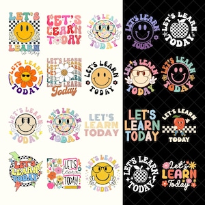 May include: A collection of colorful graphic designs with the text "Let's Learn Today" and smiley faces. The designs include flowers, apples, and lightning bolts. The color palette includes pastel shades and retro fonts.