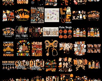 May include: A collection of digital graphic designs featuring autumn-themed nursing motifs. The images include pumpkins, stethoscopes, fall leaves, ghosts, and text such as Nurse, Fall Vibes, and Pain Scale in orange, brown, and cream color palettes.