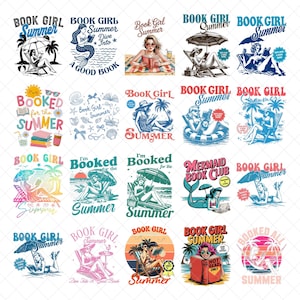 Peut inclure: Une collection de graphismes color&eacute;s avec le texte "Book Girl Summer" et d'autres phrases connexes. Les images pr&eacute;sentent des illustrations de femmes lisant des livres &agrave; la plage, des sir&egrave;nes et des sc&egrave;nes d'&eacute;t&eacute;.