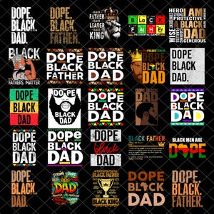 Puede incluir: Una colección de diseños gráficos con texto, con frases como "Dope Black Dad", "Black Father" y "Black King". Los diseños incorporan varias fuentes, colores e imágenes, incluyendo un león, una corona y una barba.