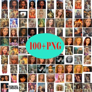May include: A collection of doll images with varied expressions and poses, arranged in a grid. A large turquoise circle in the centre displays the text "100+ PNG". The dolls feature diverse skin tones and hairstyles, creating a varied visual display.