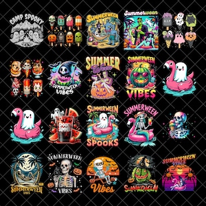 May include: A collection of twenty digital illustrations featuring Halloween-themed summer imagery. Designs include ghosts, skeletons, pumpkins, flamingos, and ice cream treats with text like Summerween, Camp Spooky, and Spooky Summer on black backgrounds.