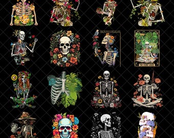 Skeleton Plant Nature Flower PNG Bundle, Flower-Adorned Skull Illustrations, Floral Skulls Designs, Floral Skeleton,Unlimited Commercial Use