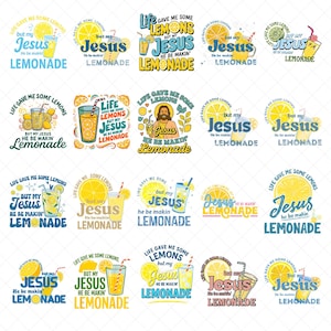 Può includere: Collezione di design a tema limonata con il testo "Life gave me some lemons but my Jesus he be makin' lemonade." Ogni design presenta limoni, bicchieri di limonata e la parola "Jesus."