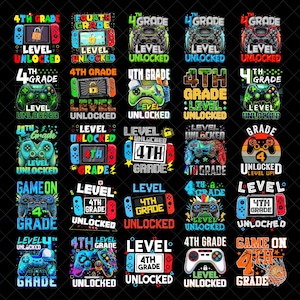 May include: A collection of twenty-five graphic designs featuring video game controllers, handheld consoles, and text including 4th Grade Level Unlocked, Game On, and Grade 4 Unlocked Level Up, displayed in various vibrant colors on a black background.