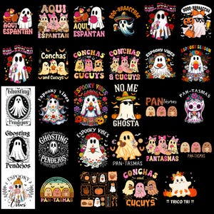 May include: A collection of digital graphic designs featuring cartoon ghosts, Mexican sweet bread, and festive floral motifs with text including Aqui Espantan, Boo-Rraccha, Conchas and Cucuy, Espooky Vibes, No Me Ghosta, Pan-Tasmas, and Ghosting Pendejos.