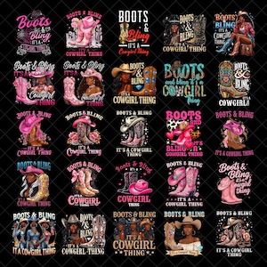 Op de afbeelding: Een verzameling grafische ontwerpen met cowboylaarzen, hoeden en de tekst "Boots & Bling, It's a Cowgirl Thing." De ontwerpen bevatten illustraties van vrouwen, bloemmotieven en diverse laarzen in roze, goud en zwart.