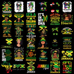 May include: A selection of graphic designs with Jamaican themes. The designs feature text and illustrations, including portraits of women and girls, Jamaican flags, and phrases like "Jamaican Princess" and "It's in my DNA." The color palette includes green, yellow, and black.