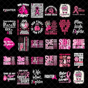 May include: A collection of pink and white graphic designs on a black background, featuring text and symbols related to breast cancer awareness. Designs include ribbons, boxing gloves, and empowering phrases.