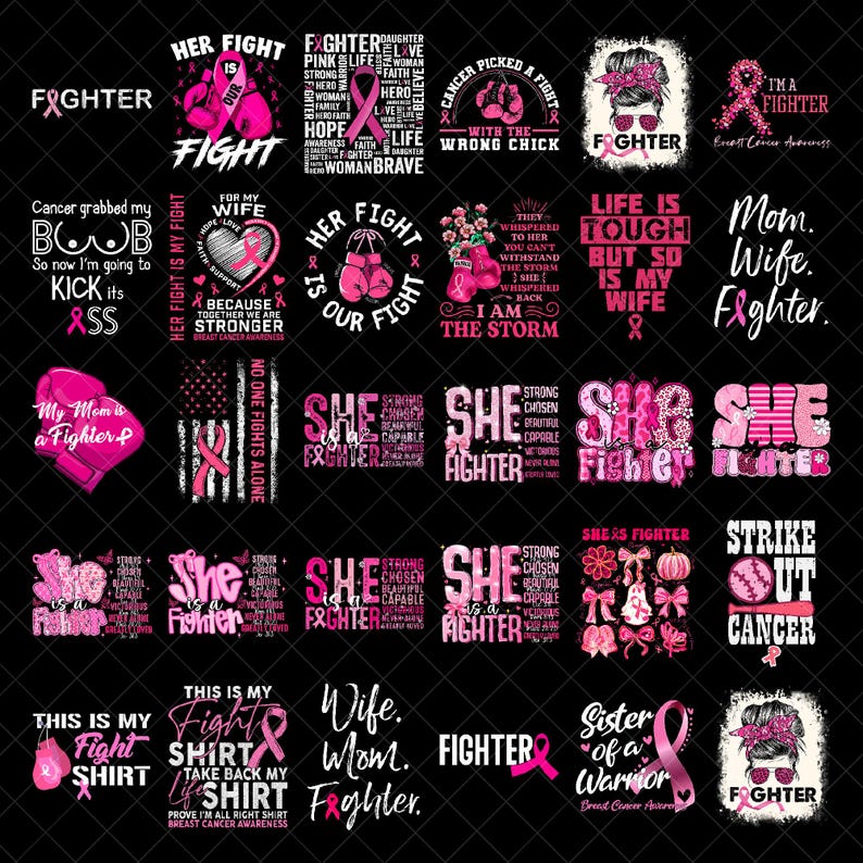May include: A collection of pink and white graphic designs on a black background, featuring text and symbols related to breast cancer awareness. Designs include ribbons, boxing gloves, and empowering phrases.