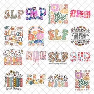 Puede incluir: Una colección de dieciséis diseños gráficos digitales con temas de logopedia. Las imágenes incluyen patrones florales, arcoíris y tipografía que dice SLP, Speech Pathologist y Speech Therapy en varias fuentes coloridas de estilo retro.