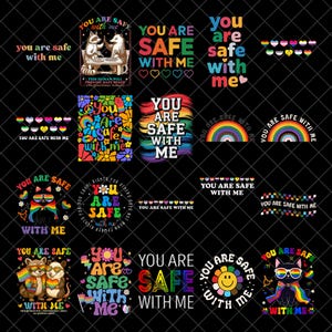 Puede incluir: Una colección de diseños gráficos coloridos con la frase "You Are Safe With Me". Los diseños incluyen arcoíris, flores, gatos, mapaches y corazones, todos en apoyo de la inclusión y los espacios seguros.