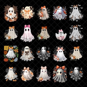 May include: A collection of whimsical ghost illustrations, each with unique details. The ghosts are adorned with bows, flowers, and lace, set against a black background. Some have spiderwebs and pumpkins, perfect for Halloween.