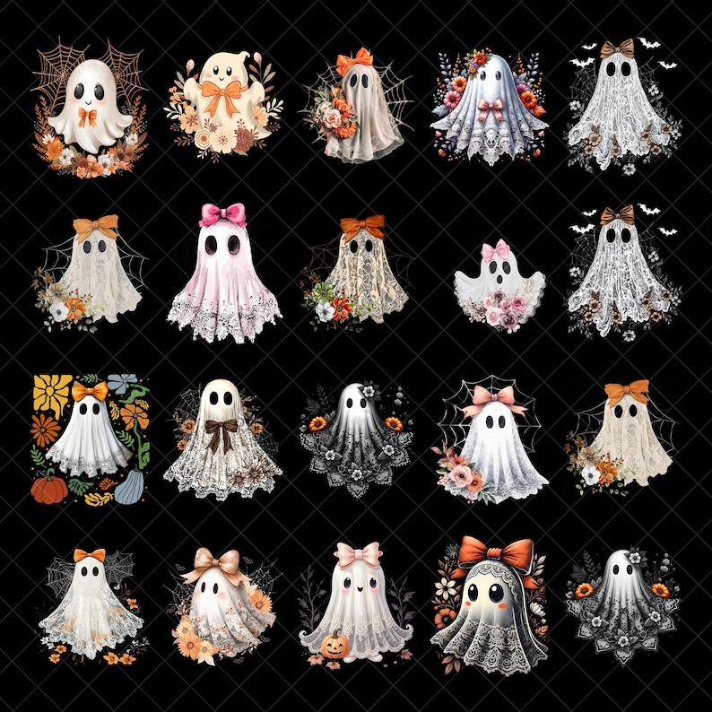 May include: A collection of whimsical ghost illustrations, each with unique details. The ghosts are adorned with bows, flowers, and lace, set against a black background. Some have spiderwebs and pumpkins, perfect for Halloween.