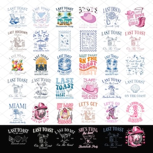 Puede incluir: Una colección de gráficos temáticos de Last Toast para despedidas de soltera. Los diseños incluyen cócteles, sombreros de vaquero, bolas de discoteca y escenas de playa. El texto incluye "Last Toast", "On The Coast" y "Let's Go Girls."