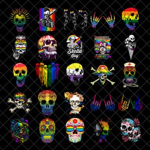 May include: A collection of colorful skull designs with various themes, including rainbow colors, pirate motifs, and medical symbols. Some skulls feature text like "Crime" and "I'm Skella Gay". The designs are set against a black background.