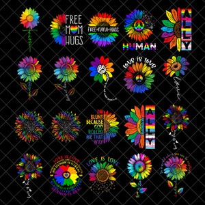 Puede incluir: Una colección de diseños de girasoles coloridos sobre un fondo negro. Cada girasol presenta tonos arcoíris y varios elementos de texto, incluyendo "Love is Love" y "Free Mom Hugs". Los diseños promueven temas de amor e igualdad.