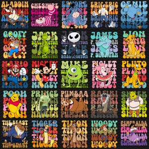 Cartoon Character PNG Bundle, Retro Pop Art Name Repeat Png, Funny Animated Png, Theme Park Group Trip Sublimation Design
