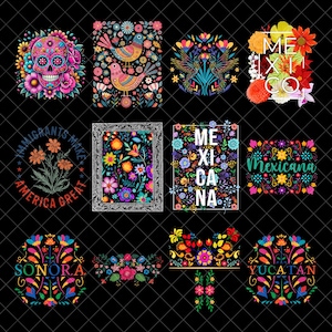 Könnte beinhalten: Eine Sammlung farbenfroher, floraler Designs mit mexikanischem Thema. Die Bilder zeigen einen Zuckerschädel, Vögel, Blumenarrangements und Texte wie "Mexico", "Mexicana", "Sonora", "Yucatan" und "Immigrants Make America Great".