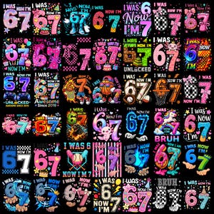 以下が含まれることがあります： I WAS 6 NOW I'M 7というテキストを特徴とするグラフィックデザインのコレクション。ドーナツ、スポーツテーマ、動物、ビデオゲーム、パターンなど、様々なカラフルなスタイルで描かれ、すべて無地の黒い背景に配置されています。