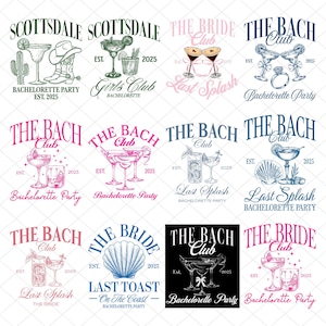 Könnte beinhalten: Eine Sammlung von Designs zum Thema Junggesellinnenabschied. Die Designs zeigen Cocktails, Muscheln und Texte wie "Scottsdale Bachelorette Party", "The Bach Club" und "Last Splash". Die Farbpalette umfasst Rosa, Blau und Schwarz.