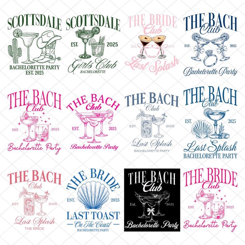 May include: A selection of bachelorette party designs featuring cocktail illustrations, seashells, and text. The designs include phrases like "Scottsdale Bachelorette Party," "The Bach Club," and "Last Splash." The color scheme incorporates pink, blue, and black.
