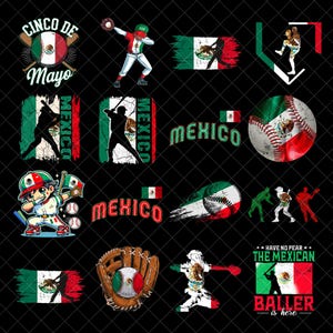 Peut inclure: Plusieurs graphiques sur le thème du baseball avec un motif de drapeau mexicain. Les motifs incluent des joueurs de baseball, des balles de baseball et les mots "Cinco de Mayo" et "Mexico". La palette de couleurs est rouge, verte et blanche.
