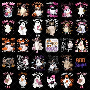 May include: A collection of Halloween-themed graphic designs featuring ghosts with accessories like sunglasses, hats, and purses. The designs include text such as "BOO-JEE" and "I PUT THE BOO IN BOUJEE" on a black background.