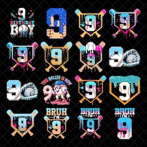 May include: A collection of baseball-themed graphics featuring the number 9. Designs include baseballs, bats, and shields with dripping icing effects in blue, pink, and yellow. Some designs include the text "Birthday Boy" and "Bruh I'm".