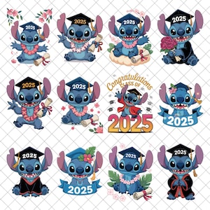 Characters Graduation 2025 PNG Bundle, Cute Cartoon Graduation Png, Graduation Png, Class of 2025, Blue Alien Graduation Png