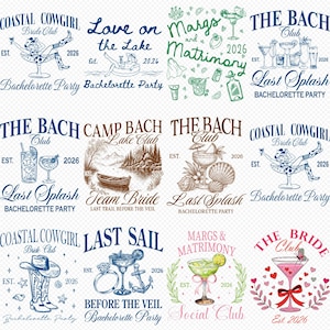 May include: A selection of bachelorette party designs featuring illustrations and text. Designs include cocktails, cowboy boots, and nautical elements. Text includes "Coastal Cowgirl," "Last Splash," and "Before the Veil," all dated 2026.