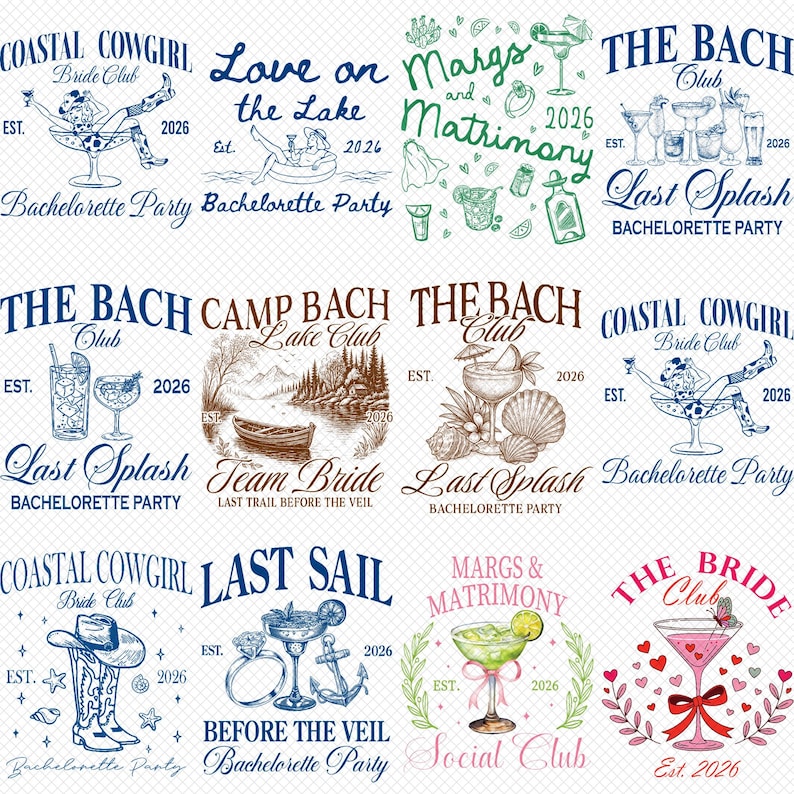 May include: A selection of bachelorette party designs featuring illustrations and text. Designs include cocktails, cowboy boots, and nautical elements. Text includes "Coastal Cowgirl," "Last Splash," and "Before the Veil," all dated 2026.